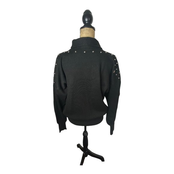 Vintage 80's Meister Large Black Wool Blend Silver Star Studded Sweater Turtlnec - Picture 5 of 12